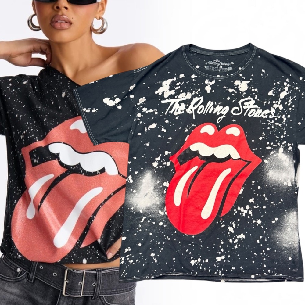 The Rolling Stones T-Shirt Bleach Splatter Tongue Graphic Black Large